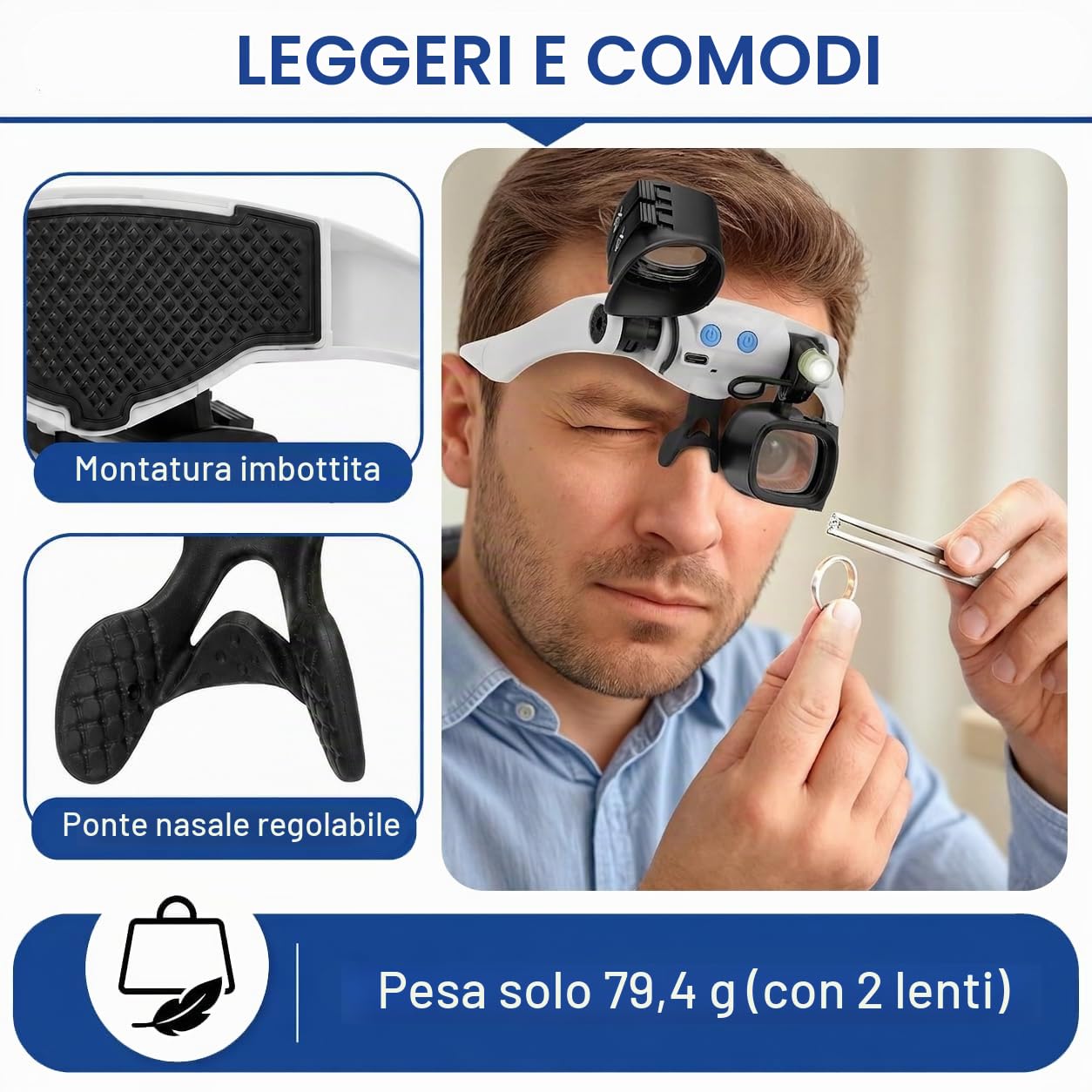 Occhiali Lente d'Ingrandimento con Luce LED, Professionale Ricaricabile Lente d'Ingrandimento 5 Lenti (2X-13X) Visiera Ingrandente per Gioiellieri Riparazione Orologi, Ricamo e Bricolage