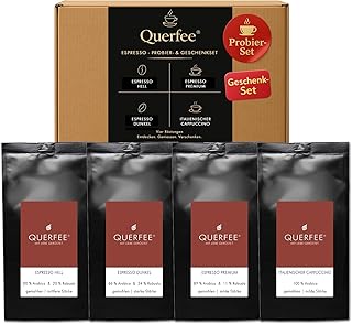 Espresso Geschenkset Probierset - Espresso Hell, Dunkel, Premium & Cappuccino – Kaffee Geschenk für Kaffeeliebhaber - 4 x 75 g gemahlen von Querfee