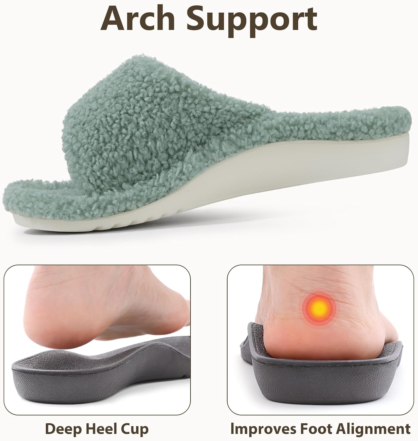 Litfun Womens Fuzzy Arch Support Slippers Orthopedic Comfy Adjustable Open Toe House Shoes - Image 2