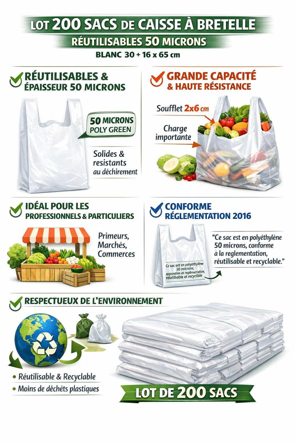 Lot 200 sacs de caisse blancs à bretelle réutilisables 50 microns | Sacs de courses solides avec soufflet | Conformes réglementation 2016 | Idéal primeurs, marchés, commerces (BLANC, 26 + 12 x 45)