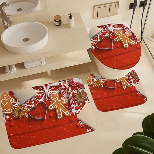 Juego de tapetes de baño de galletas de jengibre navideños, antideslizantes, absorbentes, de secado rápido, tapete de baño y cubierta de tapa,