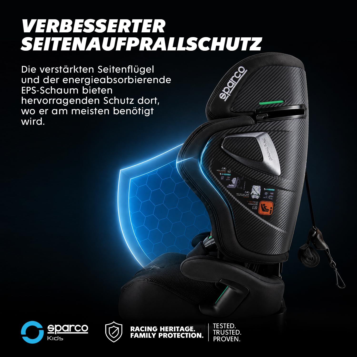 Sparco i-Size-Kindersitz SK8000IBK für Kinder von 76 bis 150 cm, ECE R129/04-zertifiziert, mit ISOFIX und Top Tether, verstellbarer Kopfstütze, klappbarer Rückenlehne und 5-Punkt-Gurt, Farbe: Schwarz