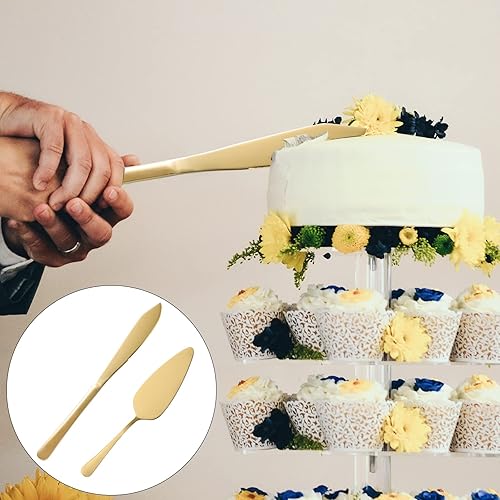 Miniatura 7 de Juego de corte de pastel dorado con caja de regalo de lujo, servidores de pastelería de pastel de acero inoxidable, juego de servir pastel dorado,