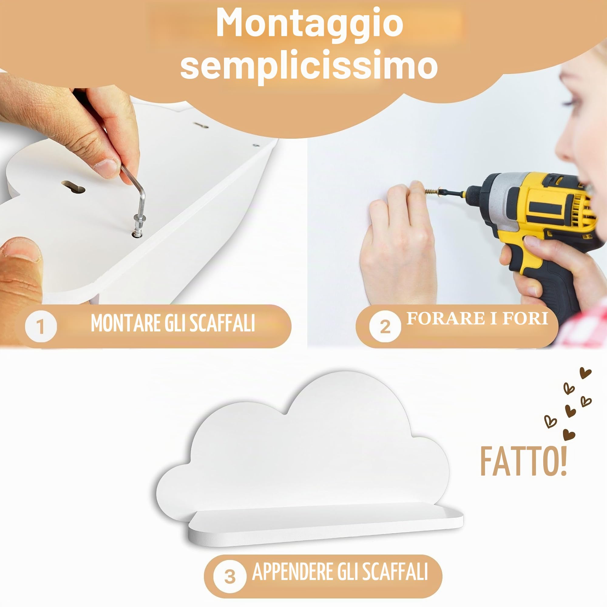 Set di 3 scaffali a nuvola, in legno bianco, facile da pulire e elegante, sostenibile e durevole, design senza tempo, progettato in Germania