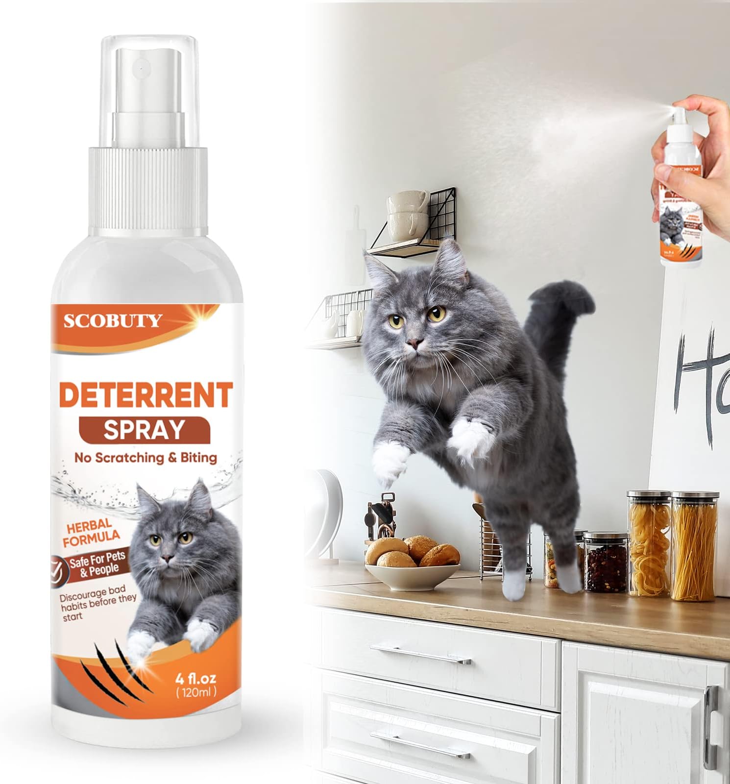 SCOBUTY Cat Repellent Spray,120ML Cat Repellent Indoor-Cat Deterrent Spray for Furniture & Plants, Effective Keep Cats Off for Pet Behavior Training,Orange, 4 Fl Oz