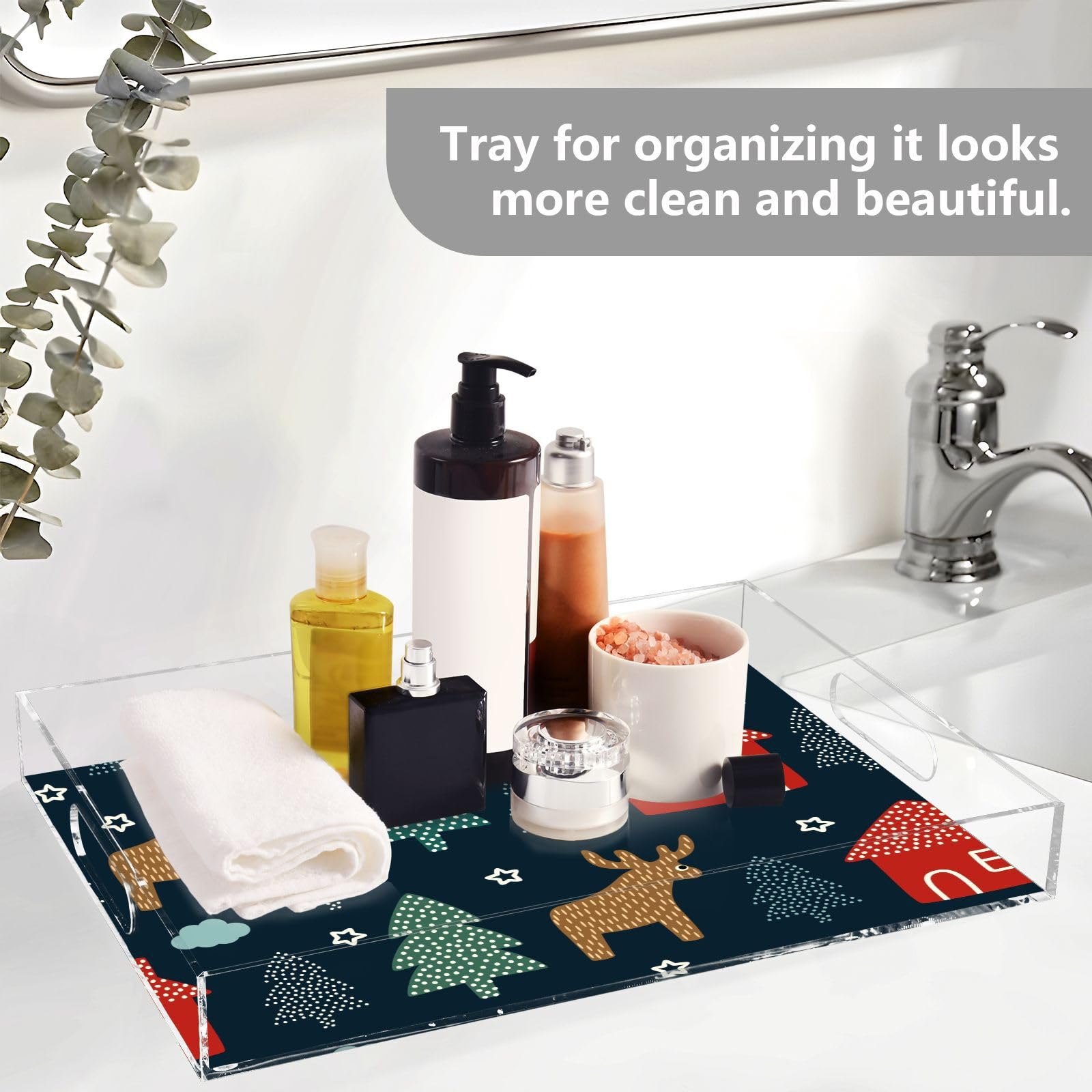 Bandejas acrílicas transparentes para servir con asas, bandeja de desayuno de 12 x 16 pulgadas, diseño personalizado transparente para vacaciones de invierno, bandeja de servir impermeable azul