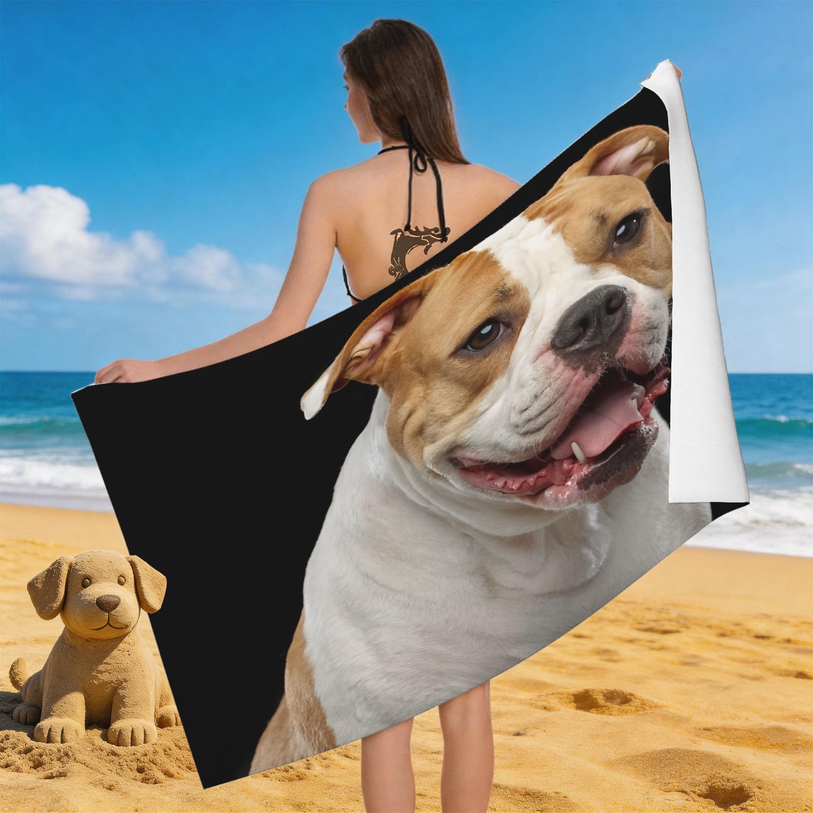 Leichong 3D Bulldog Beach Towel Microfiber Soft Quick Dry for Adults, Cute Animals Bath Towel Lightweight Soft Absorbent for Travel Swimming Pool Sports, 75 x 150 cm