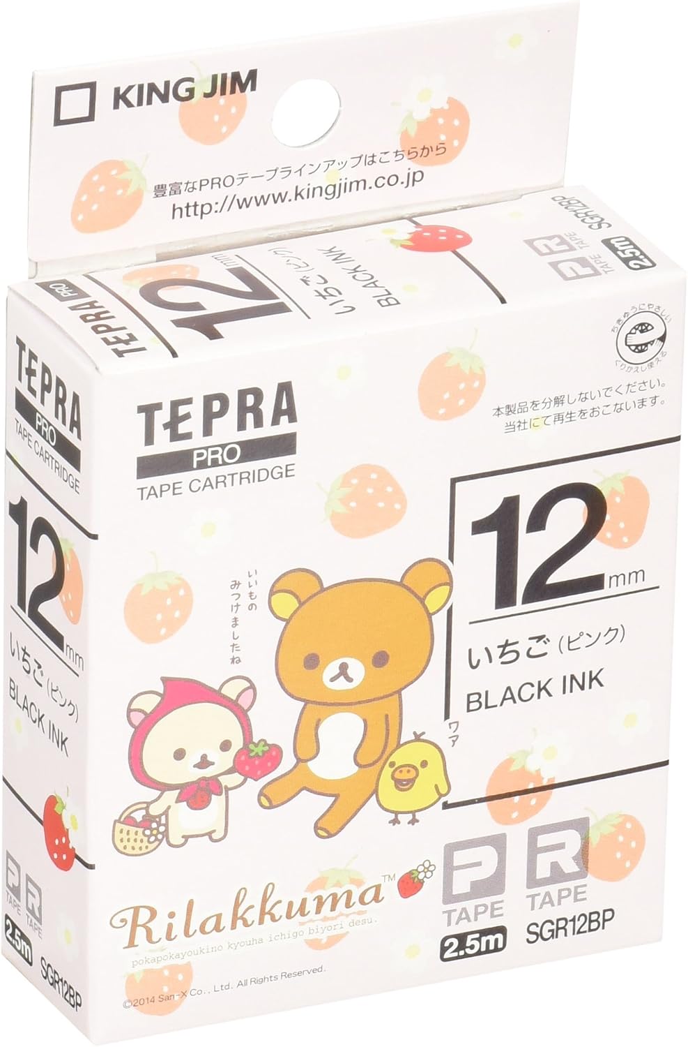 King Jim SGR12BP [Genuine] Tepra PRO Tape Cartridge Rilakkuma (Ichigo Pink) 0.5 inches (12 mm), Black Character, Length 9.8 ft (2.5 m)