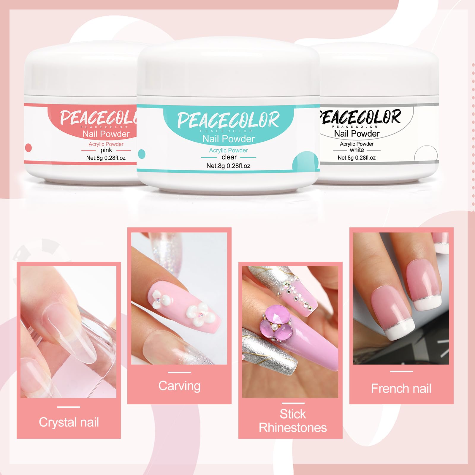 PEACECOLOR Kit Poudre Acrylique pour Ongles , Poudre Acrylique avec Liquide Acrylique, Rose Blanc Transparentes Resine Ongle Poudre , Pinceau, Chablon, Limes a Ongles, Kit Complet Acrylique Ongles