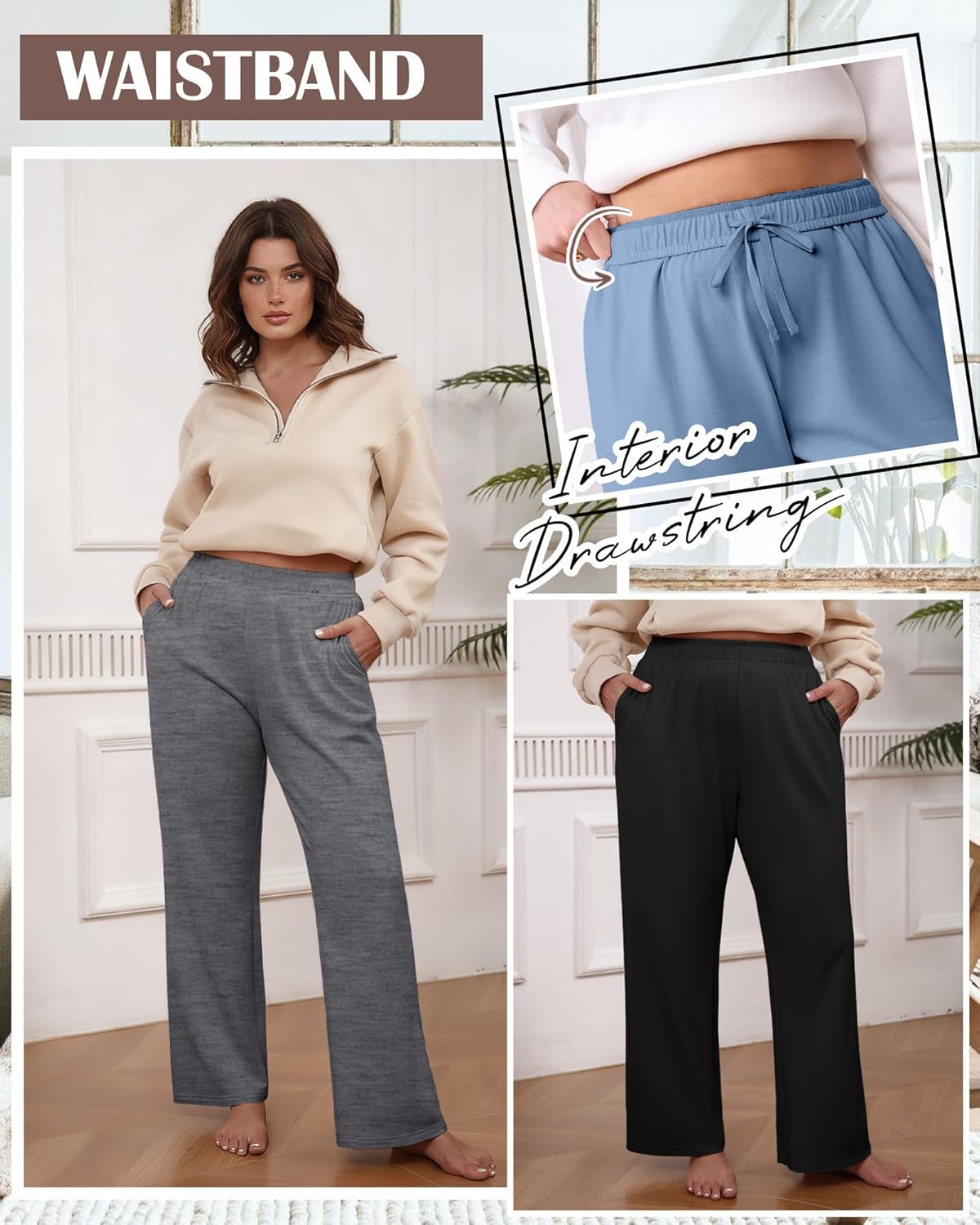 3 Pack Women's Plus Size Sweatpants Casual Wide Leg Interior Drawstring High Waist Yoga Baggy Pants with Pockets - Image 4