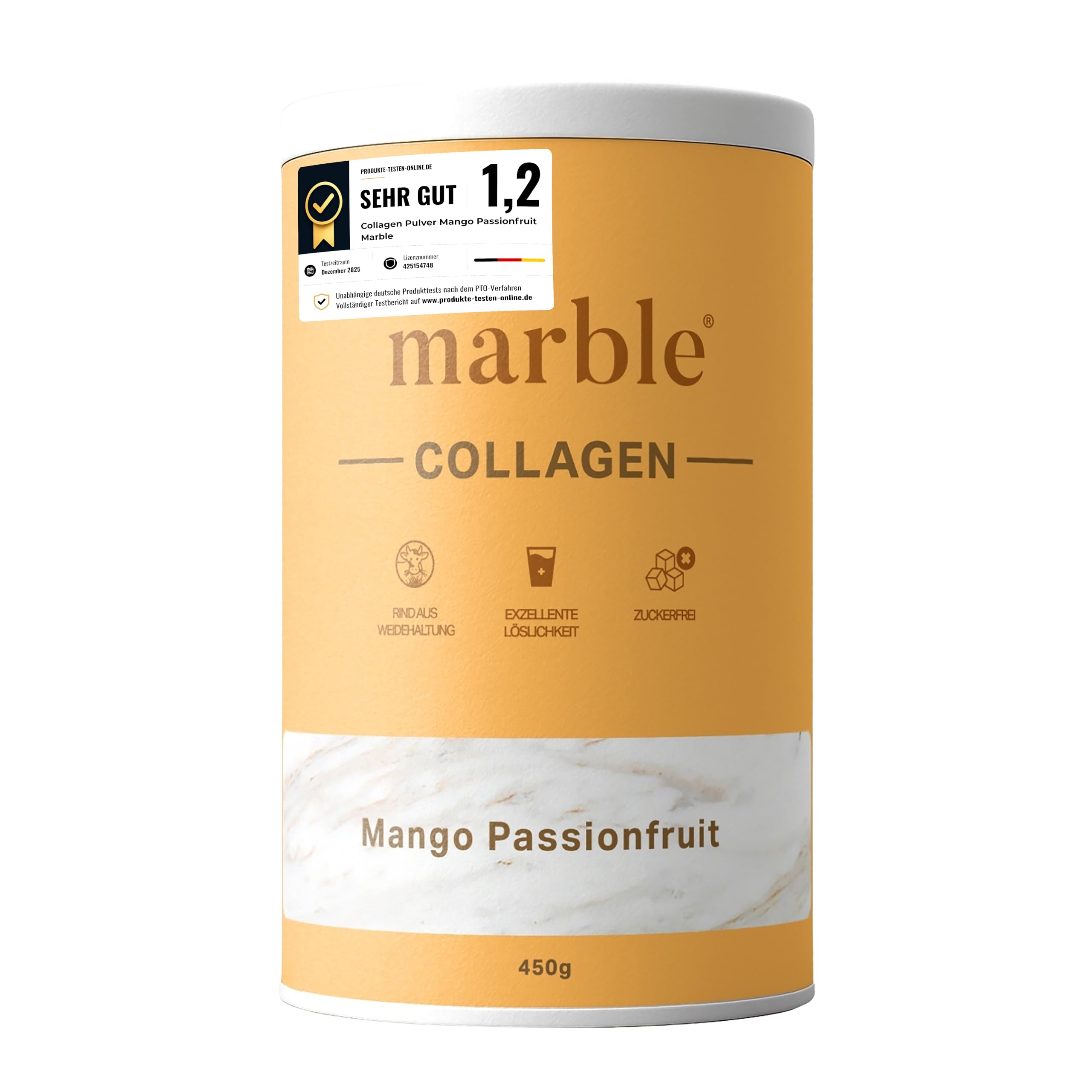 marble® Collagen Pulver 450 g - Collagen Peptide - 60 Tage risikofrei testen - Aminosäuren Komplex hochdosiert - Kollagen Pulver in Pappdose ohne Plastiklöffel