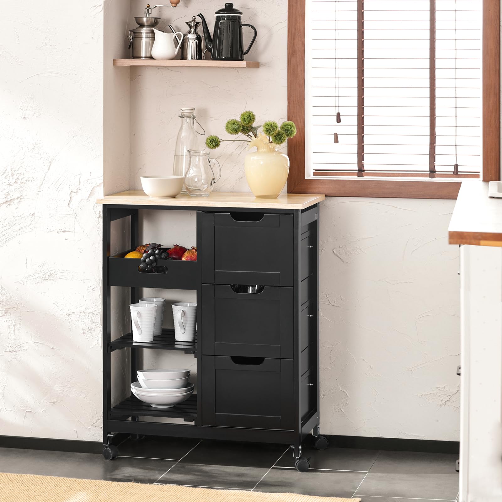 SoBuy Carrito Auxiliar con Ruedas, Carrito Cocina con 3 Cajones y 3 Estantes, Mueble Auxiliar de Cocina, Mueble Cocina Auxiliar Negro 67x37x84,5 cm, FKW79-SCH