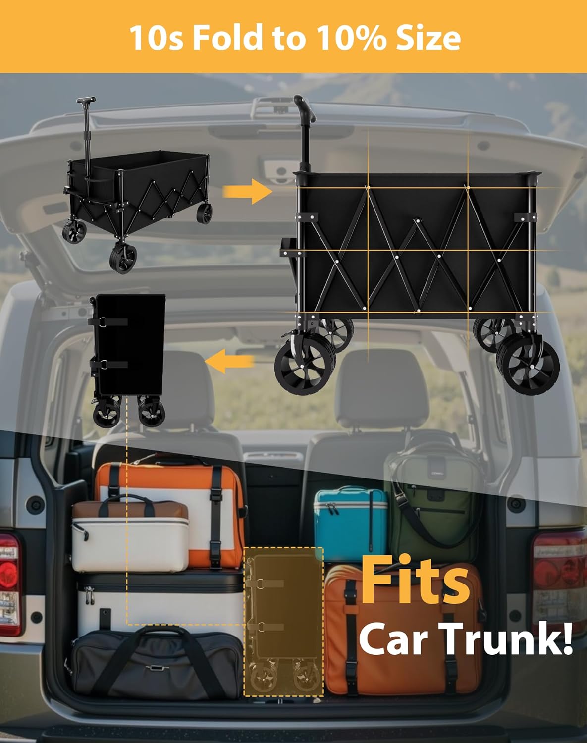 7.8 Cu ft Extra Large Foldable Wagon Cart, 360lbs Capacity, All-Terrain Beach Wagon with Big Wheels for Sand, Compact Fold Easy Storage, 220L Collapsible Utility Cart for Grocery Sports Garden Camping