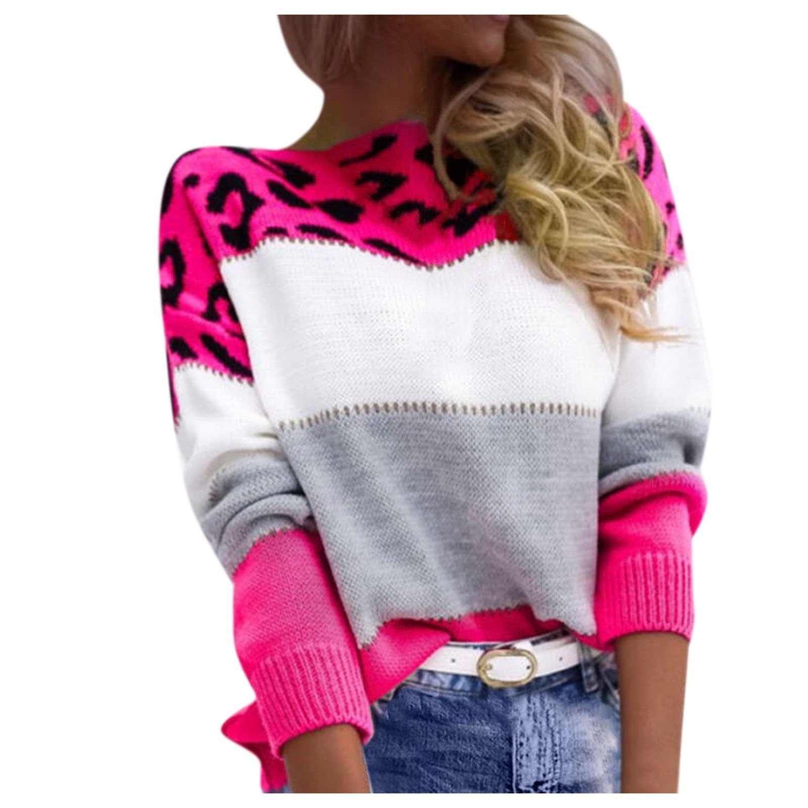 Leopard Printed Striped Sweater for Women Cute Holiday Pullover Crewneck Knit Sweatshirts Tops