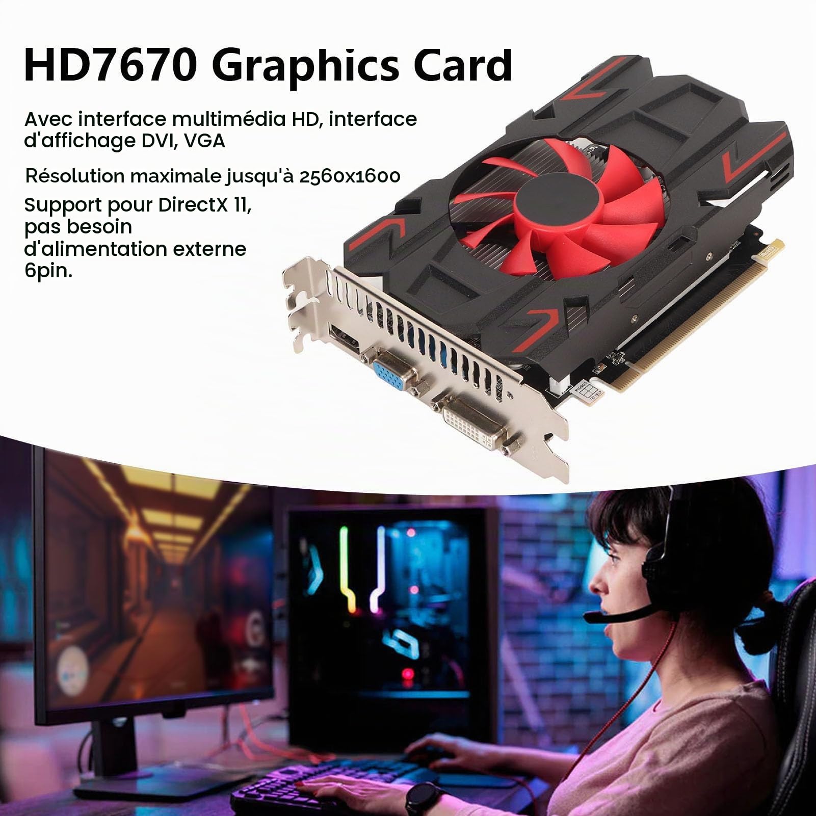 Cuifati Carte Graphique Radeon HD 7670, Carte Graphique GDDR5 4 Go 128 Bits 1800 MHz GPU 2K Carte Vidéo PCI Express 2.0 16X, HDML/DP/DVI pour Accessoires Informatiques de Bricolage