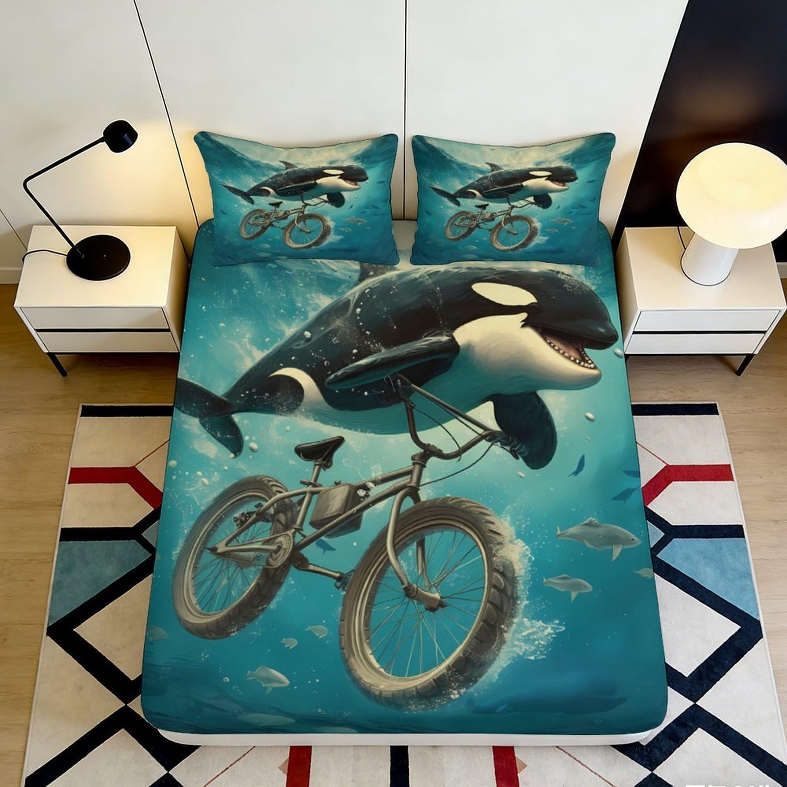 3D Printed Whale Biking Fitted Sheet Microfiber Non-Slip Deep Pocket Bedroom Bedding Whale Biking Mattress Fitted Cover Washable Breathable for Adults Teens 200x200x25cm