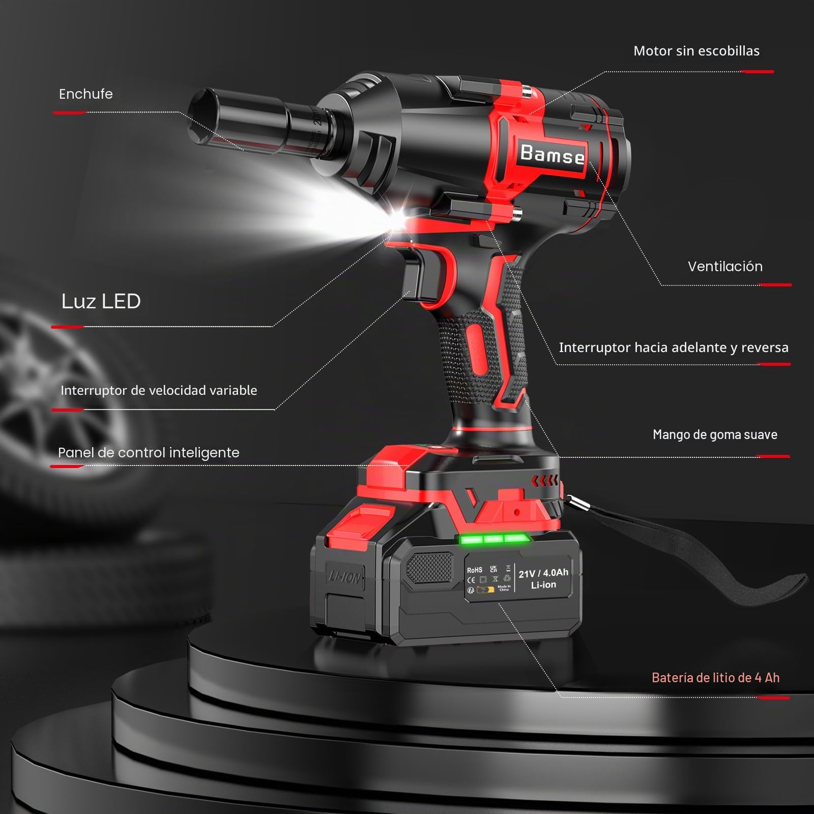 Bamse Llave de Impacto Inalámbrica sin Escobillas 1000 Nm, 1/2" Llave de Impacto Eléctrica con Batería 4000 mAh, Destornillador de Impacto 5 Casquillos incluidos Potencia y Facilidad para casa/coche