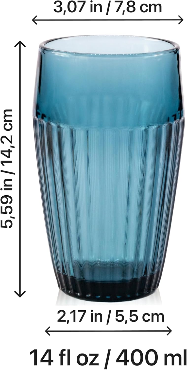Blue Drinking Glasses Set of 4, 14 oz Ribbed Textured Glass Tumblers, Tall Retro Colored Drinkware for Water & Cocktails, Decorative Highball Glasses for Home & Bar, Modern Vintage Glassware Gift Set - Image 8