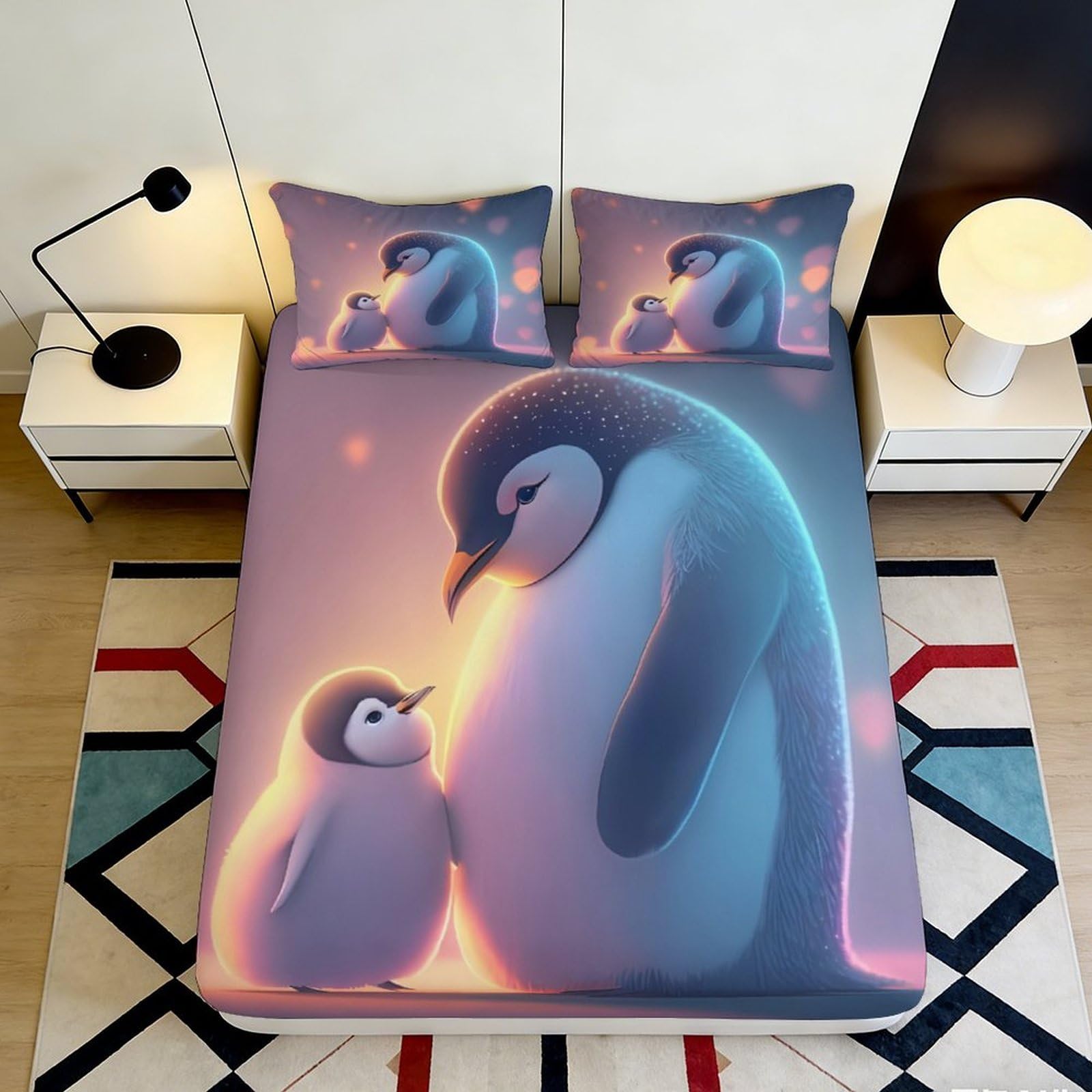 3D Printed Penguin Family Fitted Sheet Microfiber Soft Non-slip Bed Sheet for Bedroom Guestroom Dorm Mattress Protection 90x200x25cm