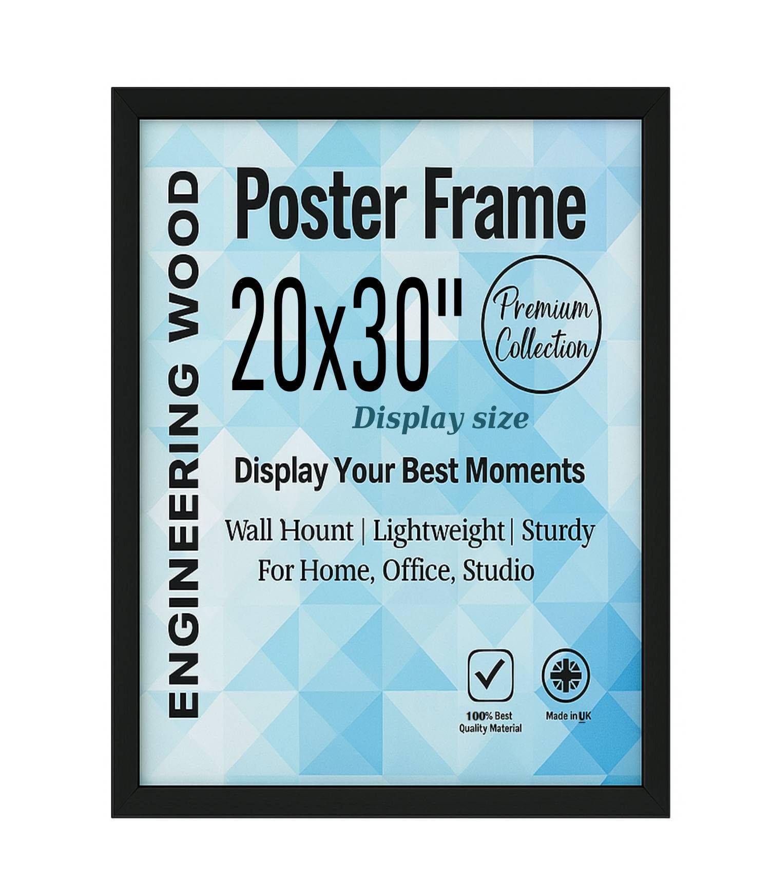 Modern Black Poster Frame 30x20'' Size For Display MDF Wood Construction with Acrylic Glass - Picture Frame
