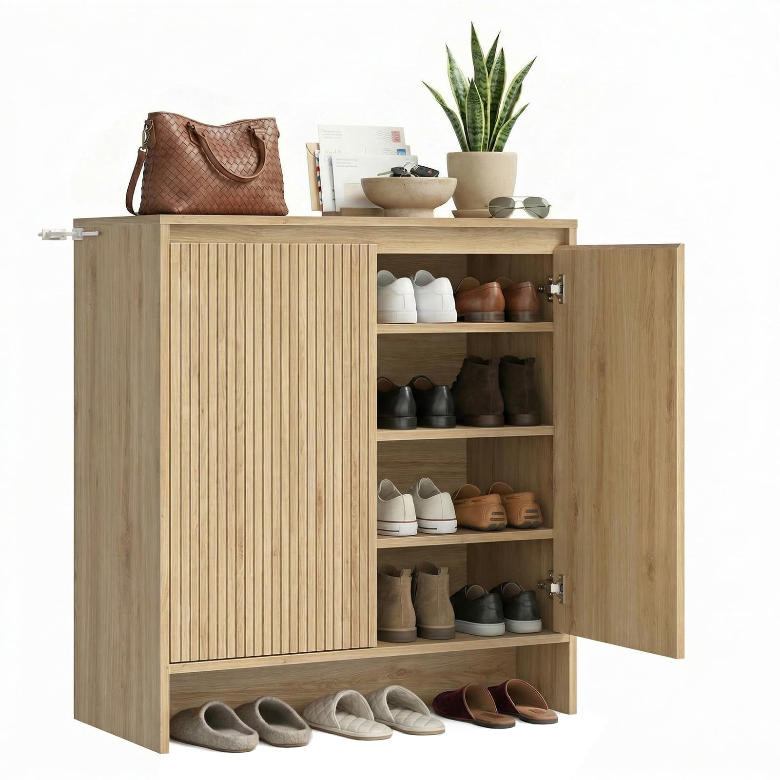 VITA VERO Fluted Shoe Cabinet with Doors, 5-Tier Shoe Storage Organizer with 4 Adjustable Shelves & Soft-Close Hinges, Anti-Tip Safety Design, Entryway Shoe Cabinet for Hallway Living Room,Oak