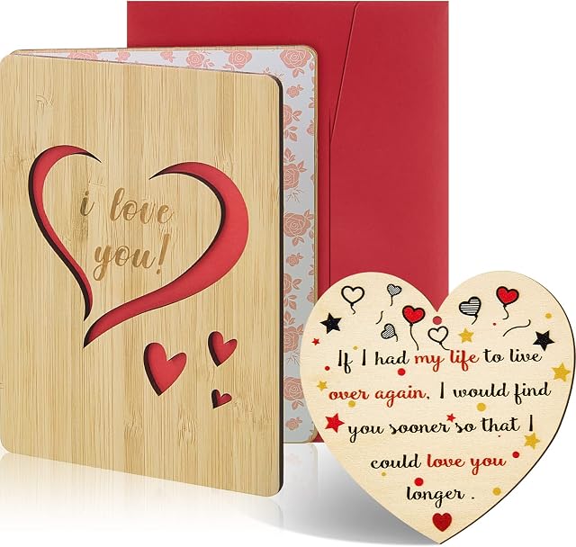 I Love You Wooden Plaque Sets Wood I Love You Greeting Card and Wooden Hanging Heart Shaped Plaque for Anniversary Happy Valentine's Day (Classic Style)