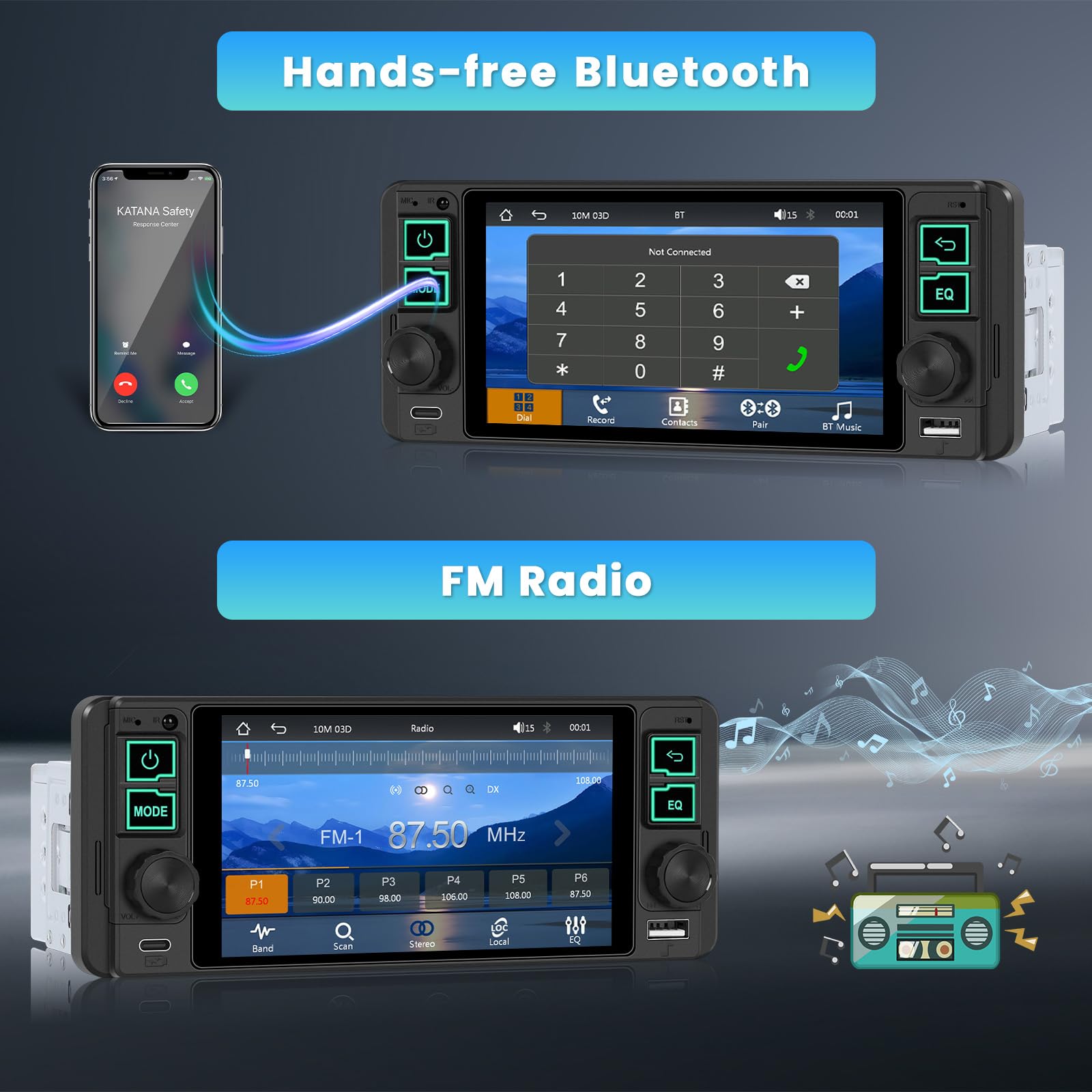 Inefala Radio samochodowe 1 DIN z 5,1-calowym ekranem, bezprzewodowy Carplay, Android Auto, Bluetooth, Mirror Link, radio FM, USB Type-C, tylna kamera, mikrofon