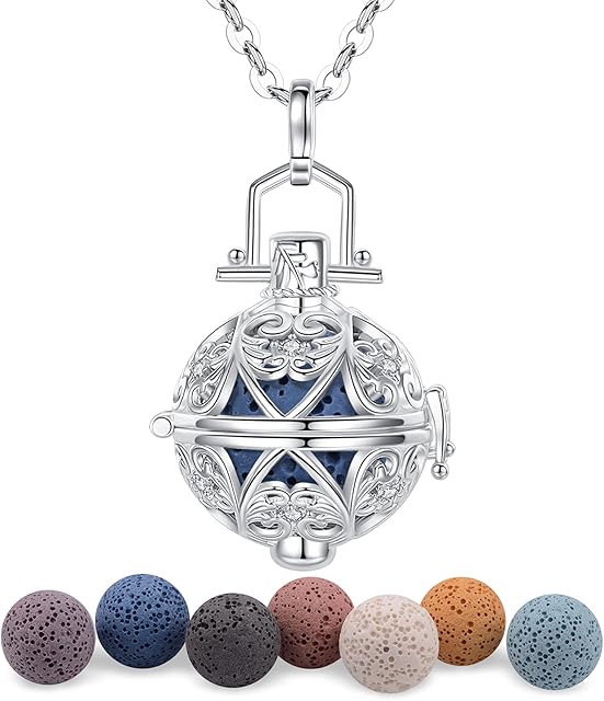 CELESTIA Silver Aromatherapy Essential Oils Diffuser Pendant Locket Necklace with 7 Lava Beads, Anxiety Relaxing Gifts for Women Her Mum