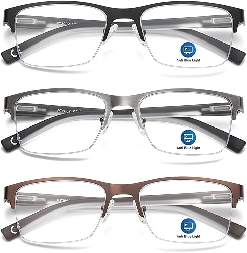 Gafas de lectura para hombre, bloqueo de luz azul, lector de computadora, de gran tamaño, metal, medio marco, elegante, bisagra de resorte PT2002