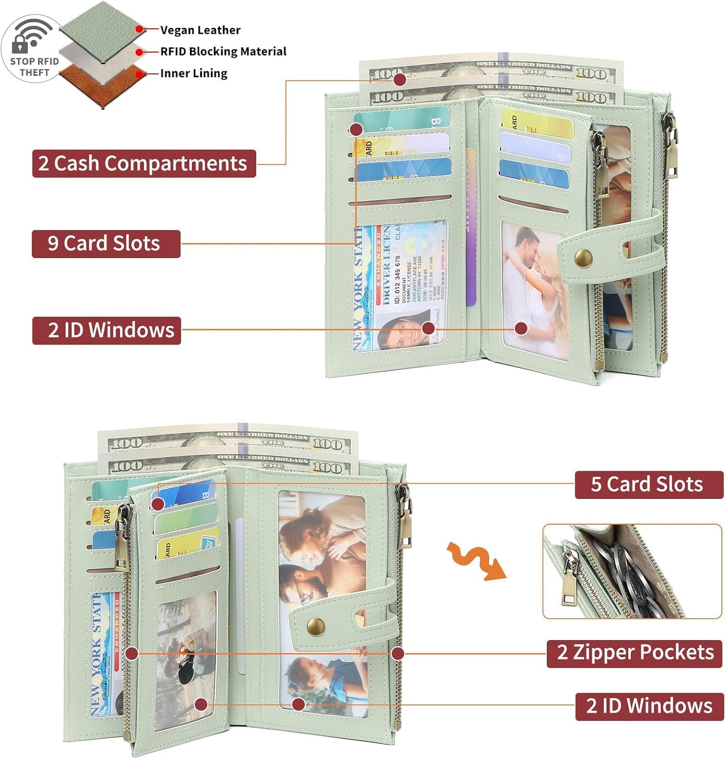 GAEKEAO Small Wallets for Women RFID Blocking Leather Trifold Clutch Wallet Credit Card Holder Wallet Card Case Purse with ID Window - Image 3