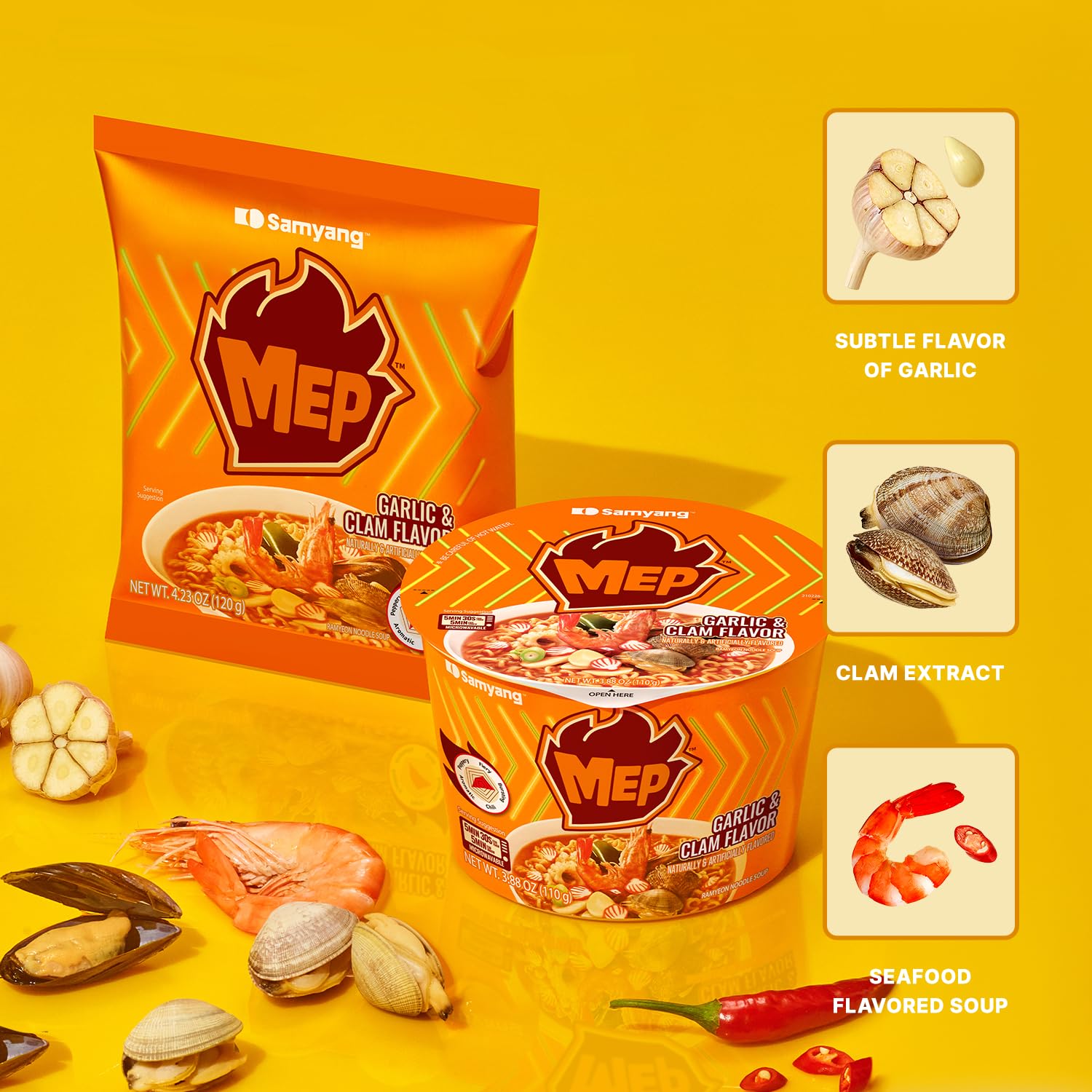 Samyang MEP Garlic Clam Ramen Spicy Instant Bowl Noodle Soup, Refreshing Seafood Broth Ramyeon, Quick Microwave Meal, 3.88 oz (Pack of 6 Bowls)