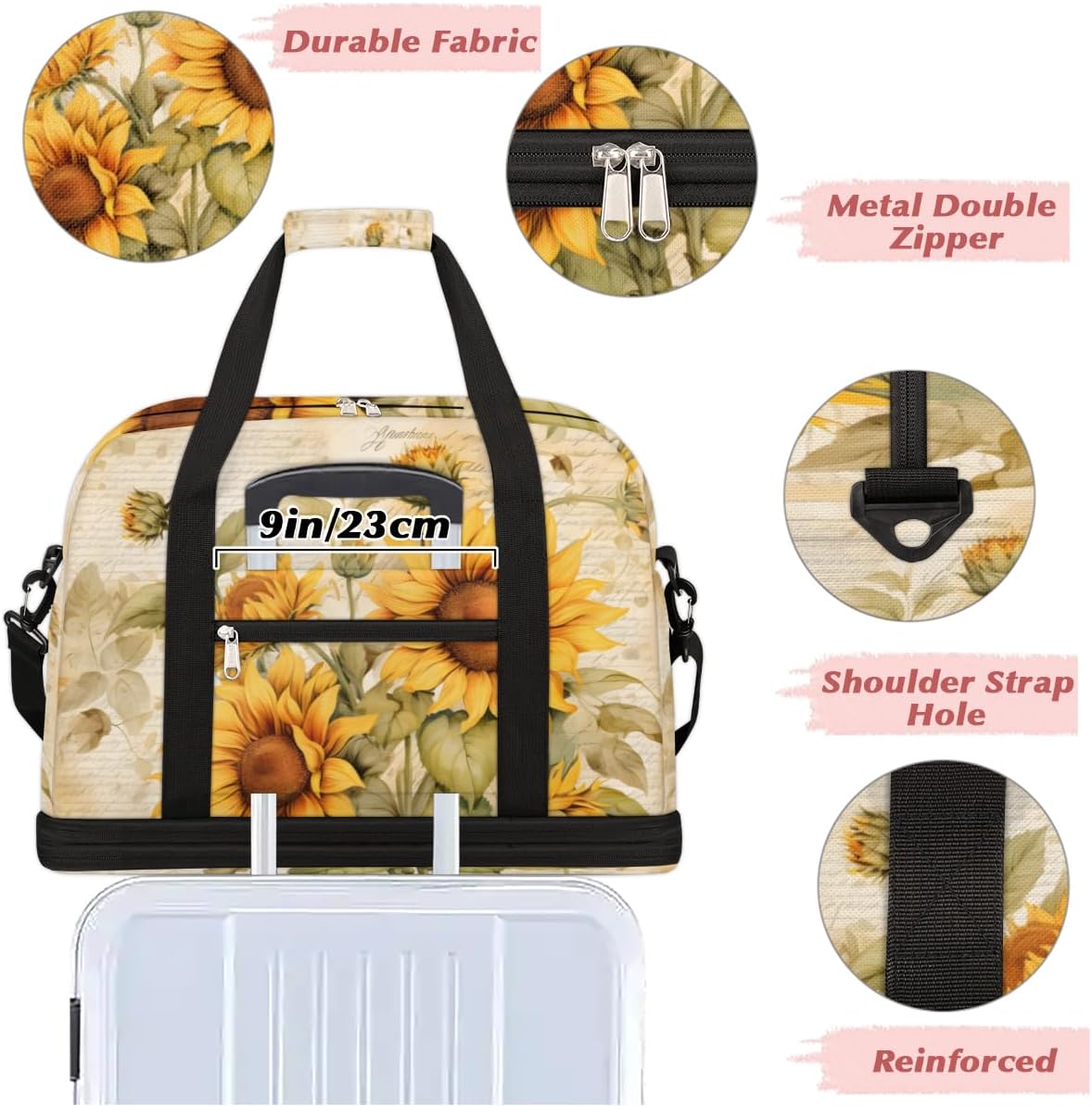 QsirBC Sunflower Classic Design Gym Bag for Women Duffle Tote with Shoes Compartment Men Weekender Duffel for Dance Travel Sports Swimming Overnight