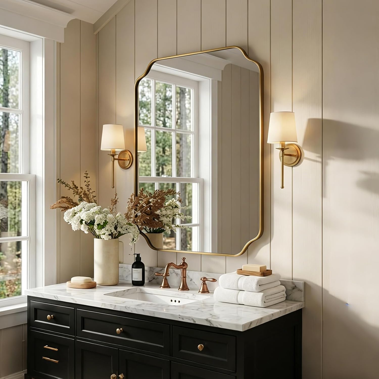 Gold Wall Mirror 30"x22", Scalloped Edge Vanity Mirror - Hangs Vertically/Horizontally Decorative Bathroom Mirror for Vanity, Bedroom & Entryway, Aesthetic Bathroom Decor