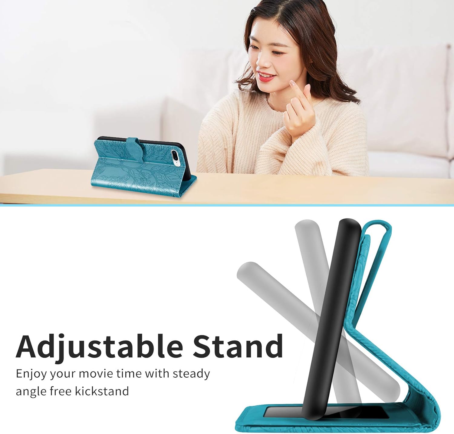 Wallet Case for iPhone 7 Plus/for iPhone 8 Plus with Card Holder/Slot,PU Leather Flip Folio Shell [Magnetic Closure][Wrist Strap][Kickstand] Shockproof Cover,Turquoise - Image 6