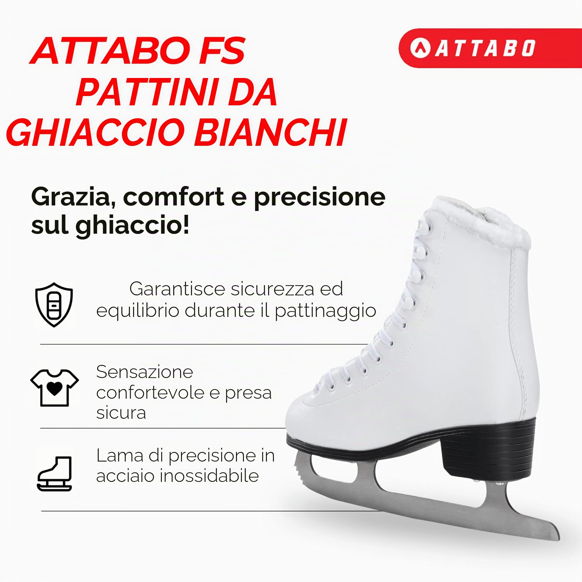 ATTABO Pattini Ghiaccio Donna di Figura 36|37|38|39|40|41 EU Lama Acciaio Inox Allacciatura Classica Fodera in Pelliccia Sintetica Confortevoli per Pattinaggio Artistico Colore Bianco FS