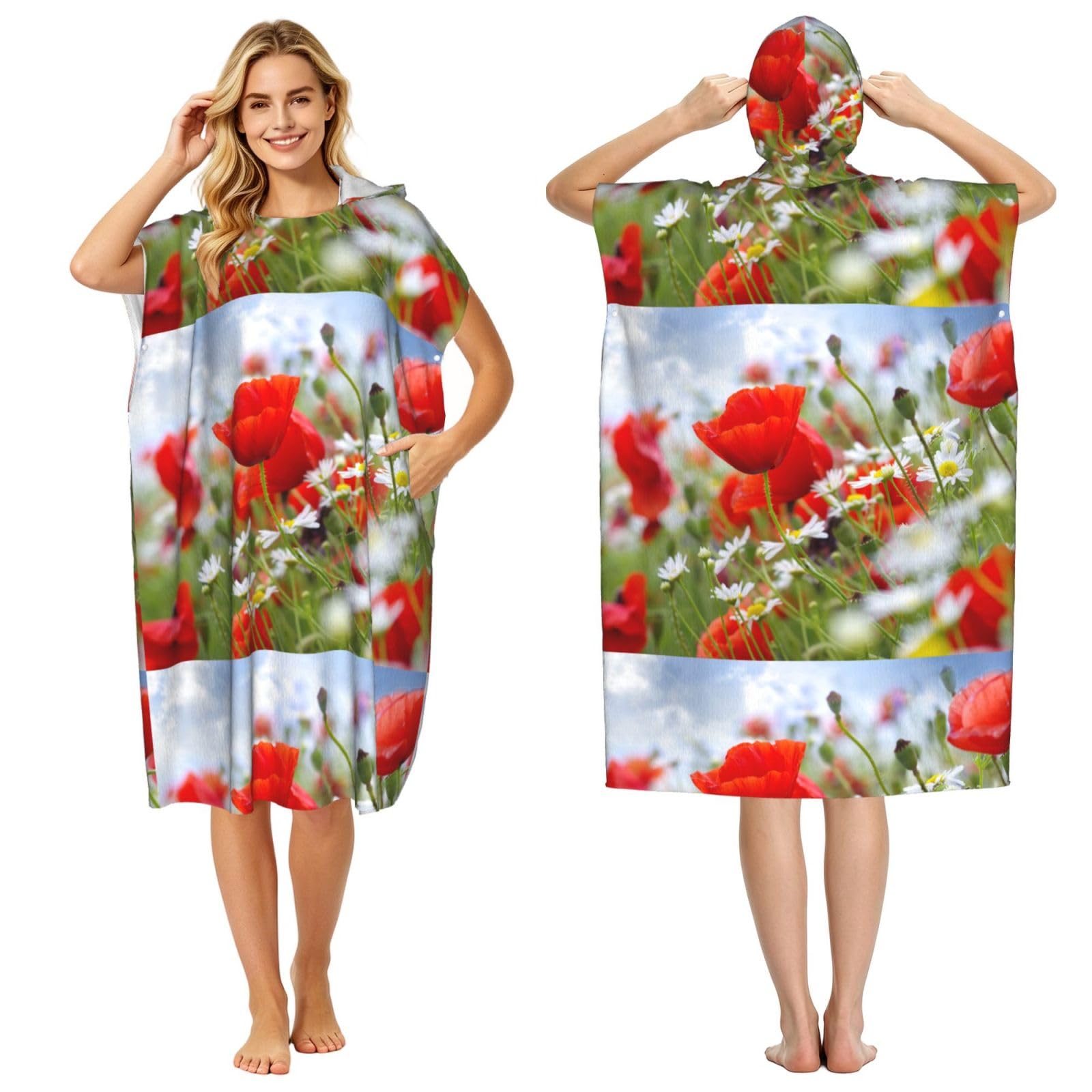 Poadnly Meadow And Daisy Flowers, Adult Hooded Beach Towel 90 x 110 cm,Changing Bath Robe, Surf Poncho Towel For Women Men