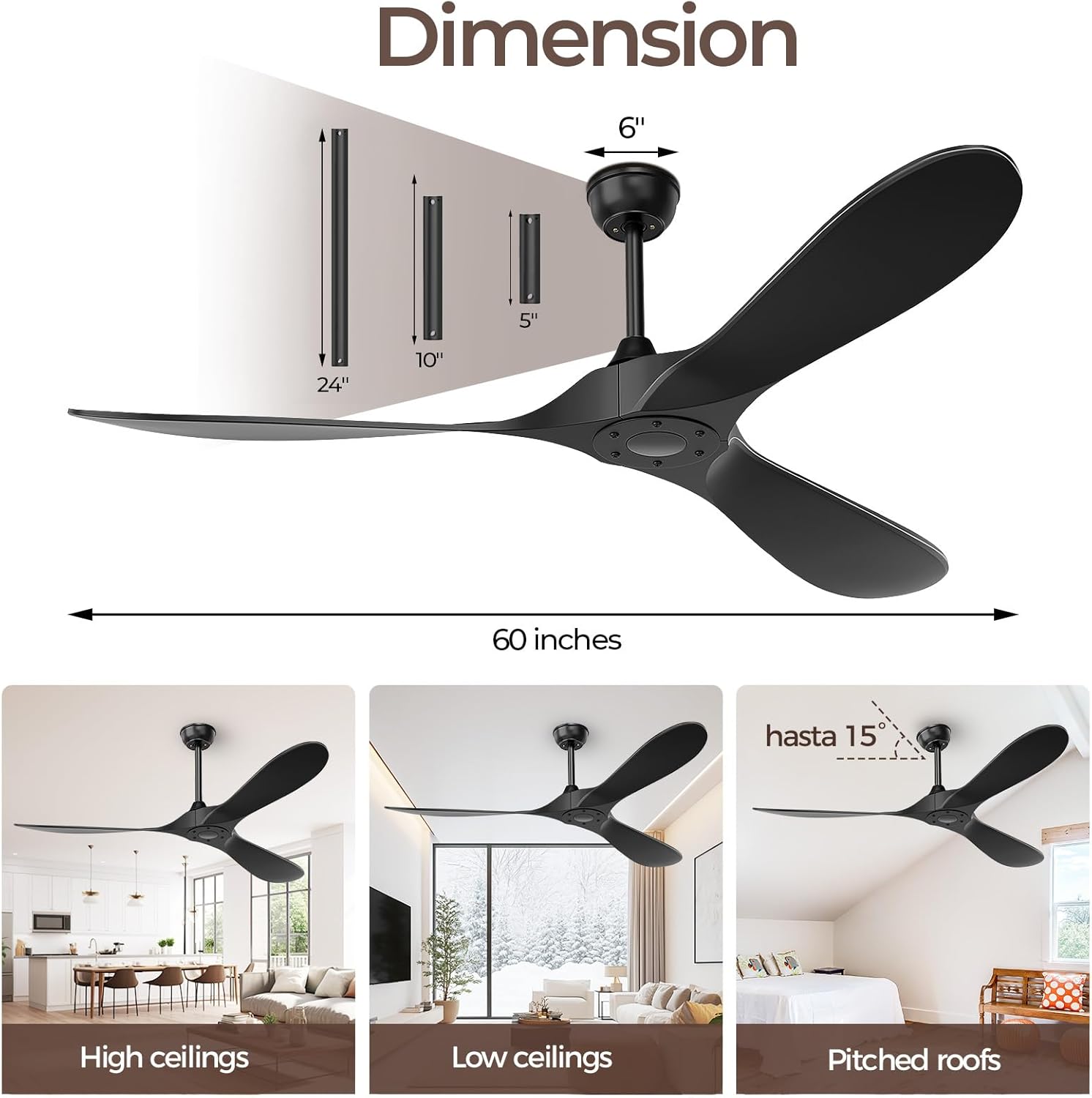 Obabala 60 Inch Ceiling Fan Without Lights, Black | Outdoor Ceiling Fan with Remote, 6-Speed Adjustable Reversible DC Motor for Patio & Living Room