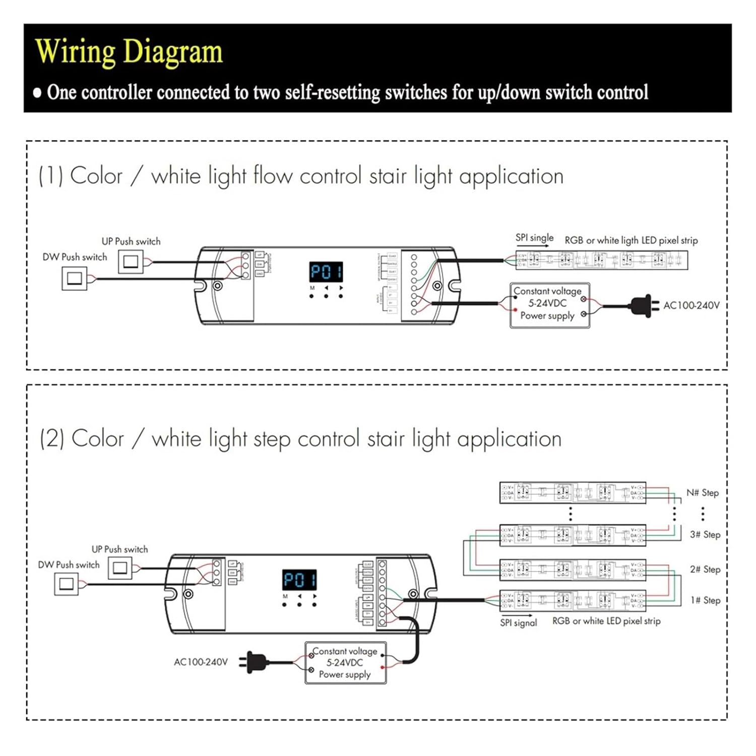 SPI LED Controller with Dual Button dimming Control DC 12V 24V dimmer for WS2811 WS2812 Staircase Light SPI (TTL) Signal Output
