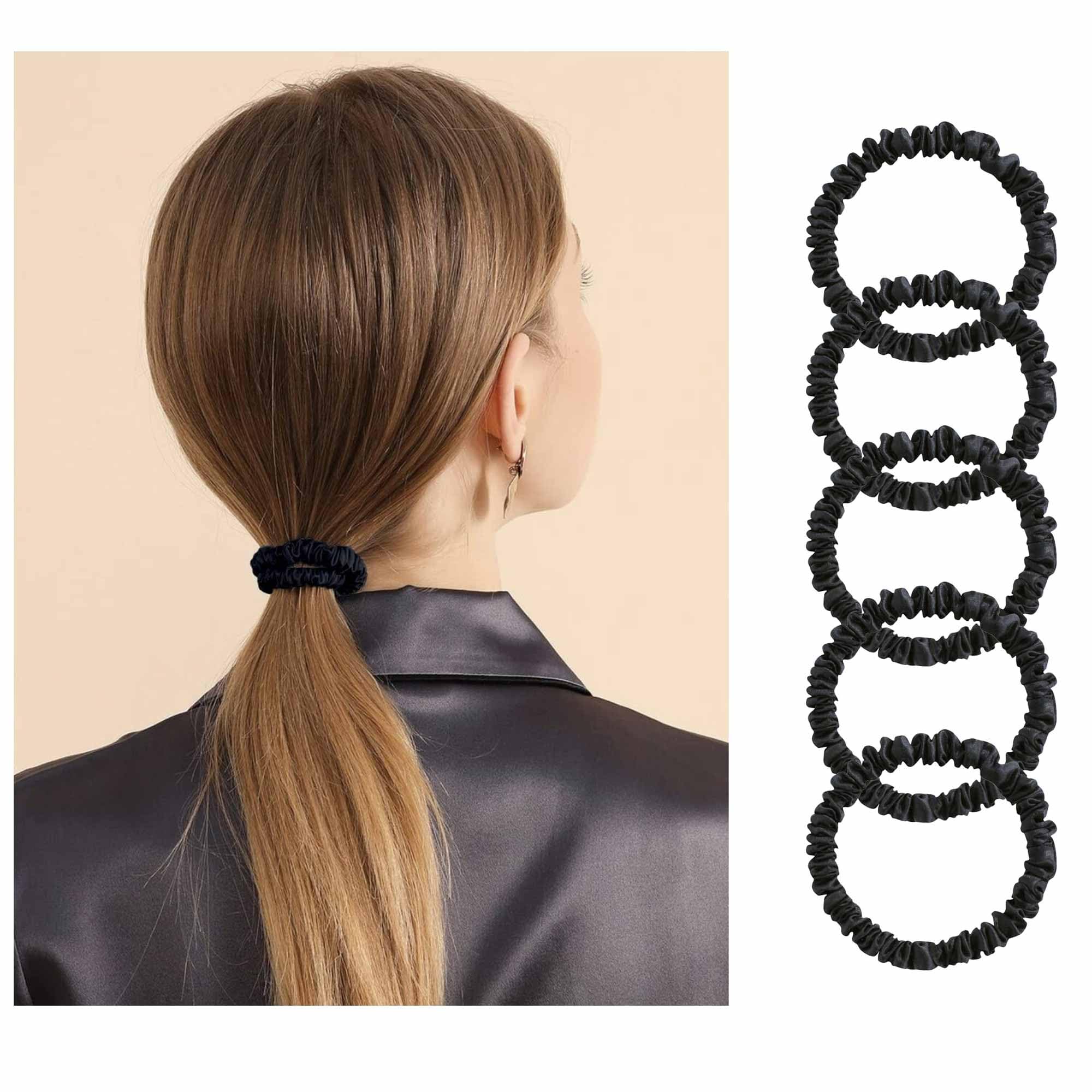Silk Skinnie Scrunchies 100% Pure 22 Momme Mulberry Silk Hair ties for Women Hair Friendly Luxurious Elastic Scrunchies Set(5 Scrunchies black) - Image 3