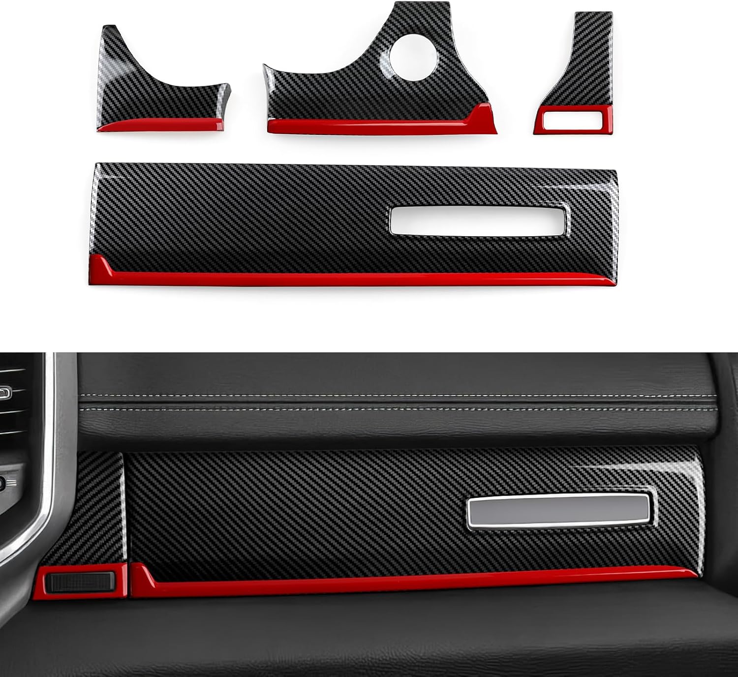 Car Dashboard Panel Trim Decals for 2019-2026 Dodge Ram 1500 2500 3500 Accessories Carbon Fiber Stickers, Black Red