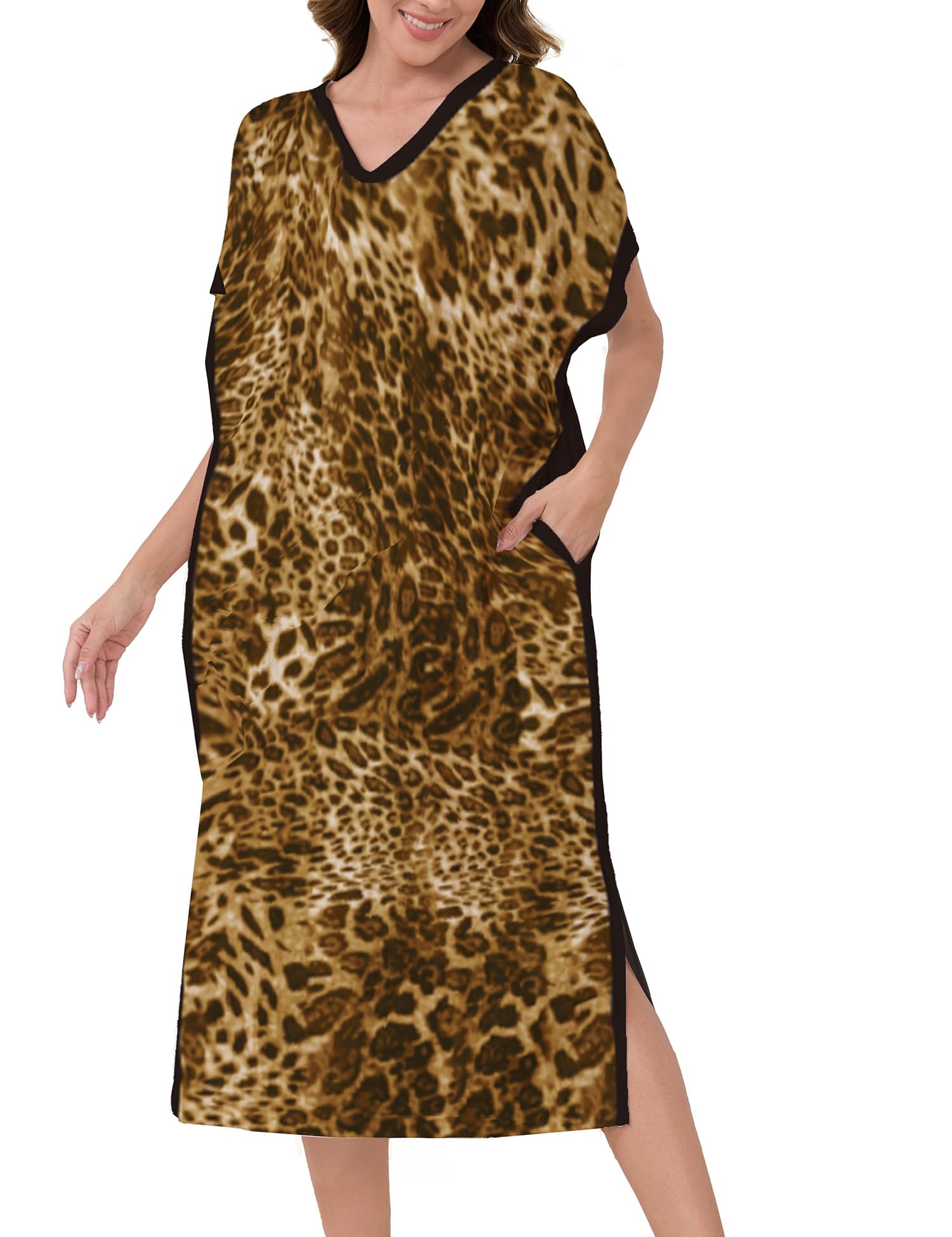 SUYTQEA Long Nightgowns for Women Short Sleeve Moomoo Kaftan V-Neck Batwing Cotton House Dress with Pockets S-2XL