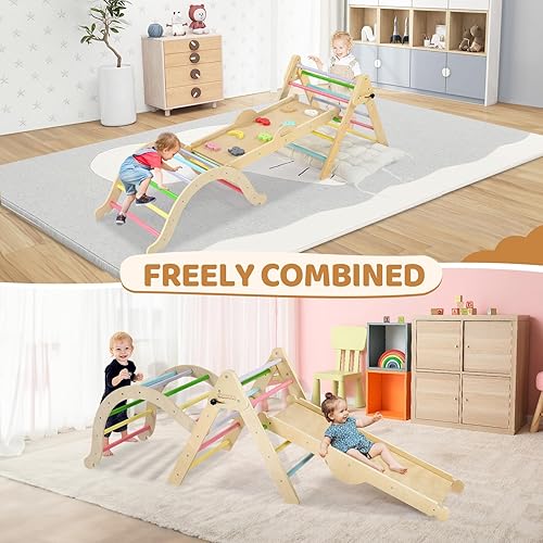 Miniatura 3 de JOYMOR Juego de triángulos Pikler 9 en 1 con cojín (grande), juego de escalada de madera Montessori para niños pequeños con patrones coloridos