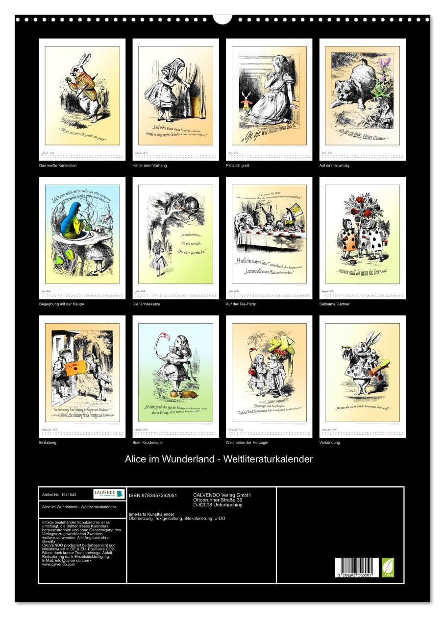 Alice im Wunderland - Weltliteraturkalender (Wandkalender 2026 DIN A2 hoch), CALVENDO Monatskalender: Weltliteratur. Klassiker der Kinderbuch-Literatur als Literaturkalender. (CALVENDO Kunst)