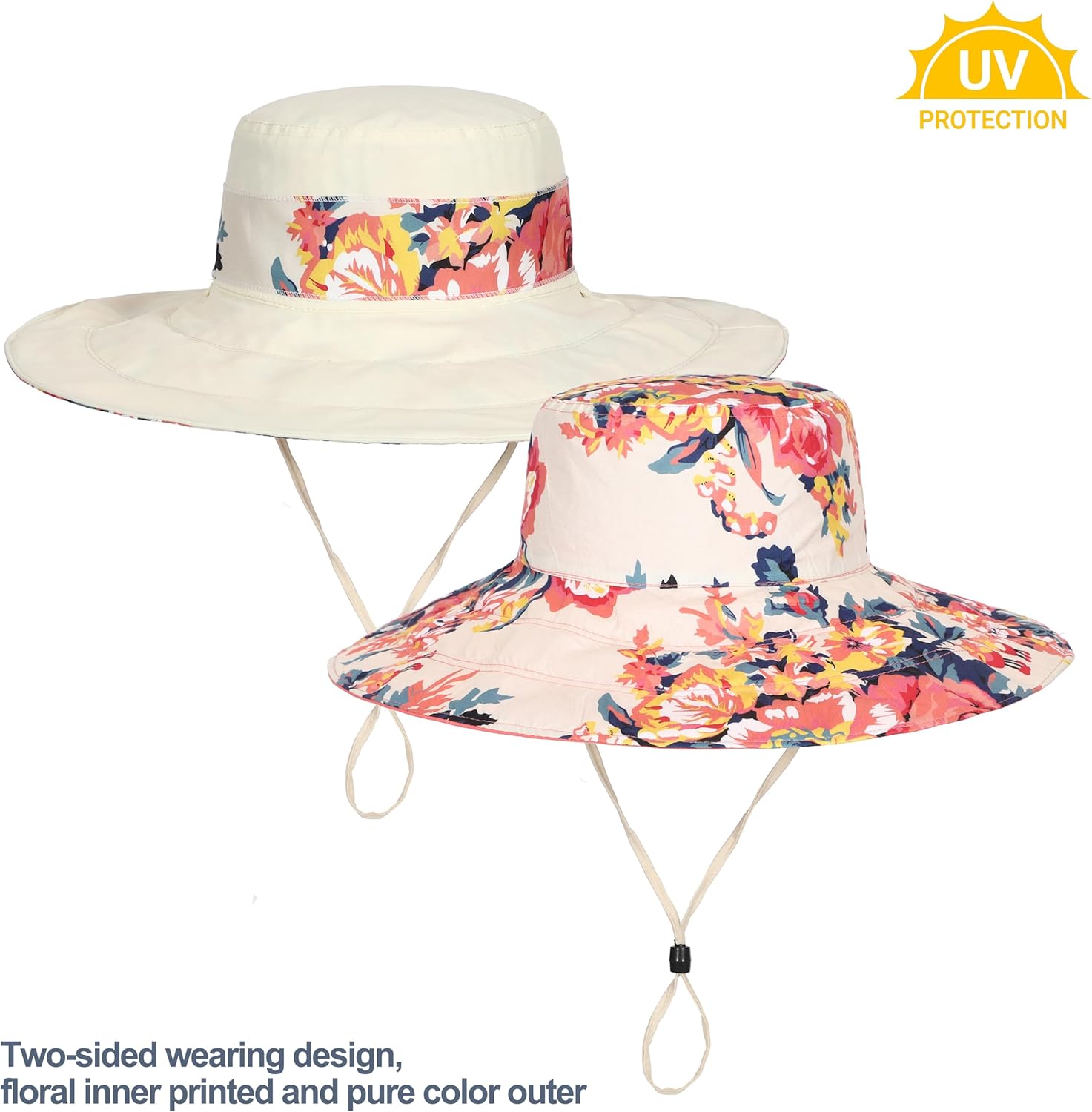 Womens Wide Brim Sun Hat Reversible Print UV Protection Oversized Beach Cap Travel UPF 50+(M Beige) - Image 5