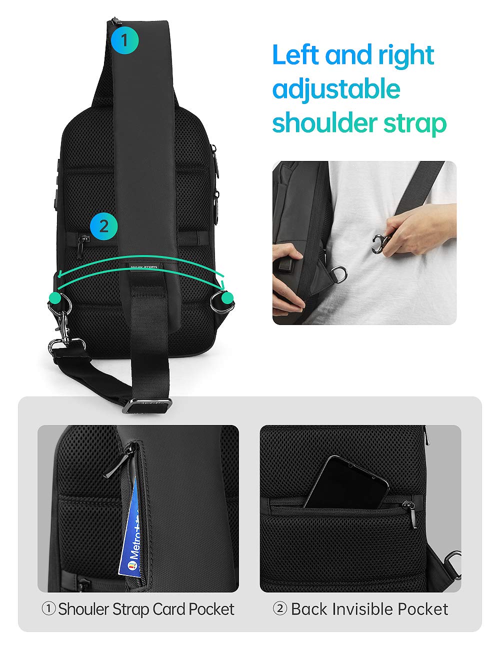 Mark Ryden Bolso Bandolera Antirrobo para Hombre, Bolsos Cruzados con Puerto de Carga USB,Bolso de Pecho Impermeable para Viajes, Trabajo, Escolar, Negocios-negro