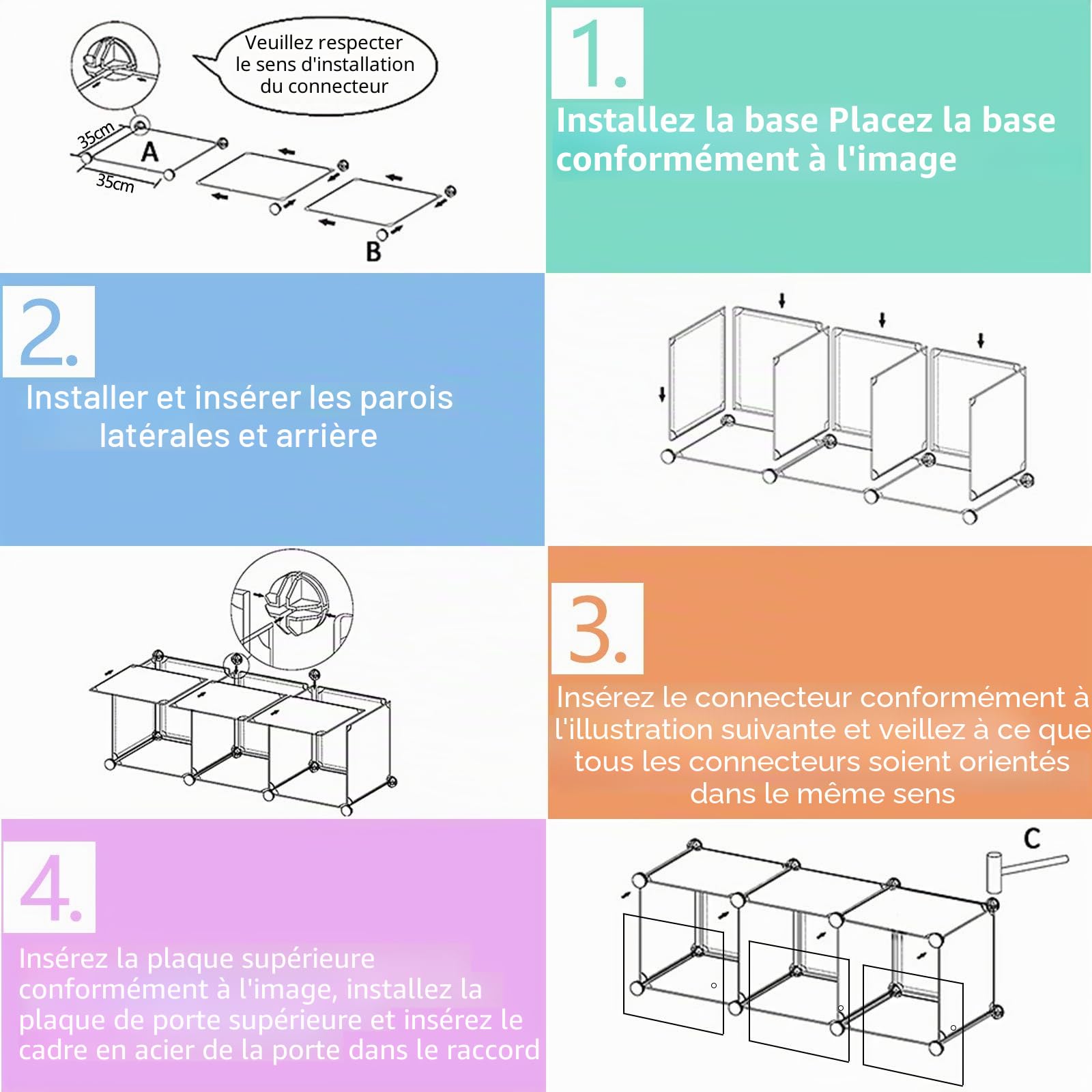 YUENFONG Organisateur de penderie DIY Étagère Système d'étagères en plastique pour vêtements, chaussures, jouets et livres, noir (8 boîtes avec porte)