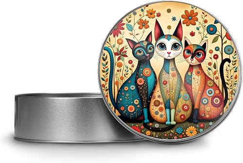 Round Metal Tin with Folk Art Cat Floral Lid