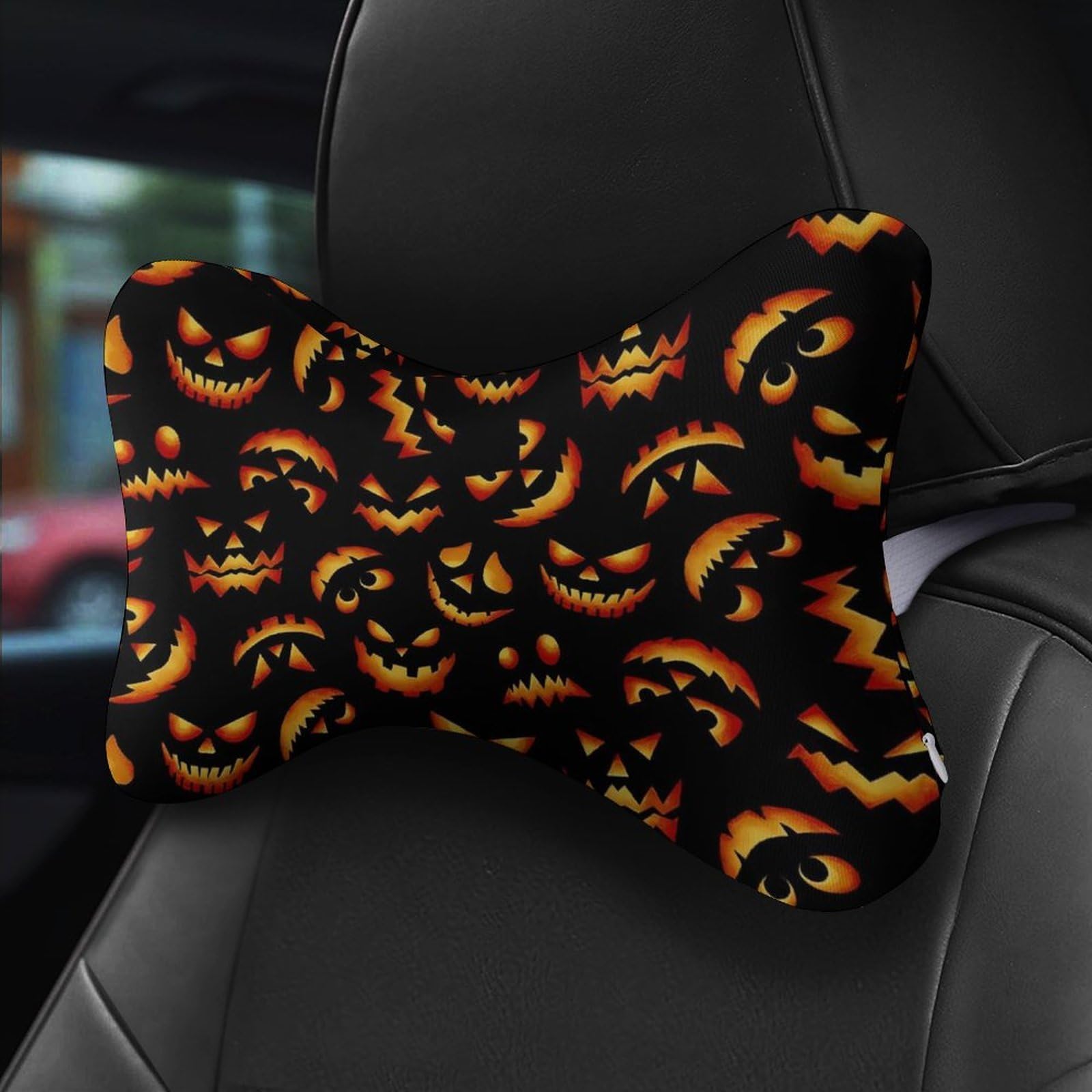 SMAZDFXX Horror Pumpkin Head Halloween Car Neck Pillow Set of 2 Car Seat Head Support Cushion Bone Pillows with Elastic Strap
