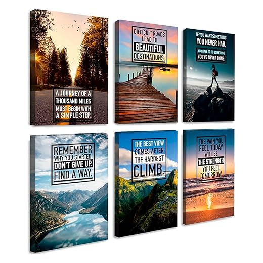 Throwbacktraits Canvas Motivational Wall Art – Set of 6 Inspirational Prints with Uplifting Phrases & Vibrant Images, Eco-Friendly & Framed, Ready to Hang for Office Wall Decor, Living Room & Bedroom Décor