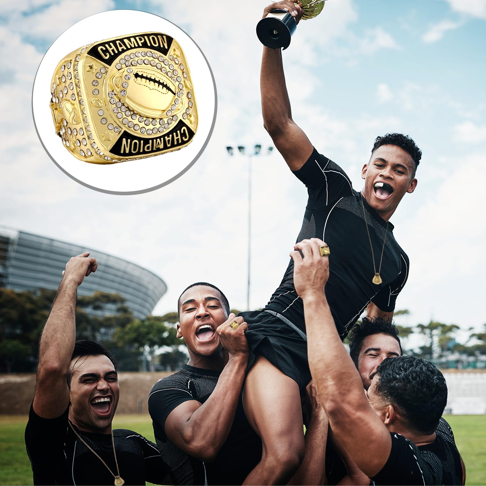 Landical 12 anillos de campeonato de fútbol, juegos de pelota, trofeo de campeonato, regalo de premio de pelota deportiva con cadena para el cuello y soporte para ganadores de torneos o campeones de